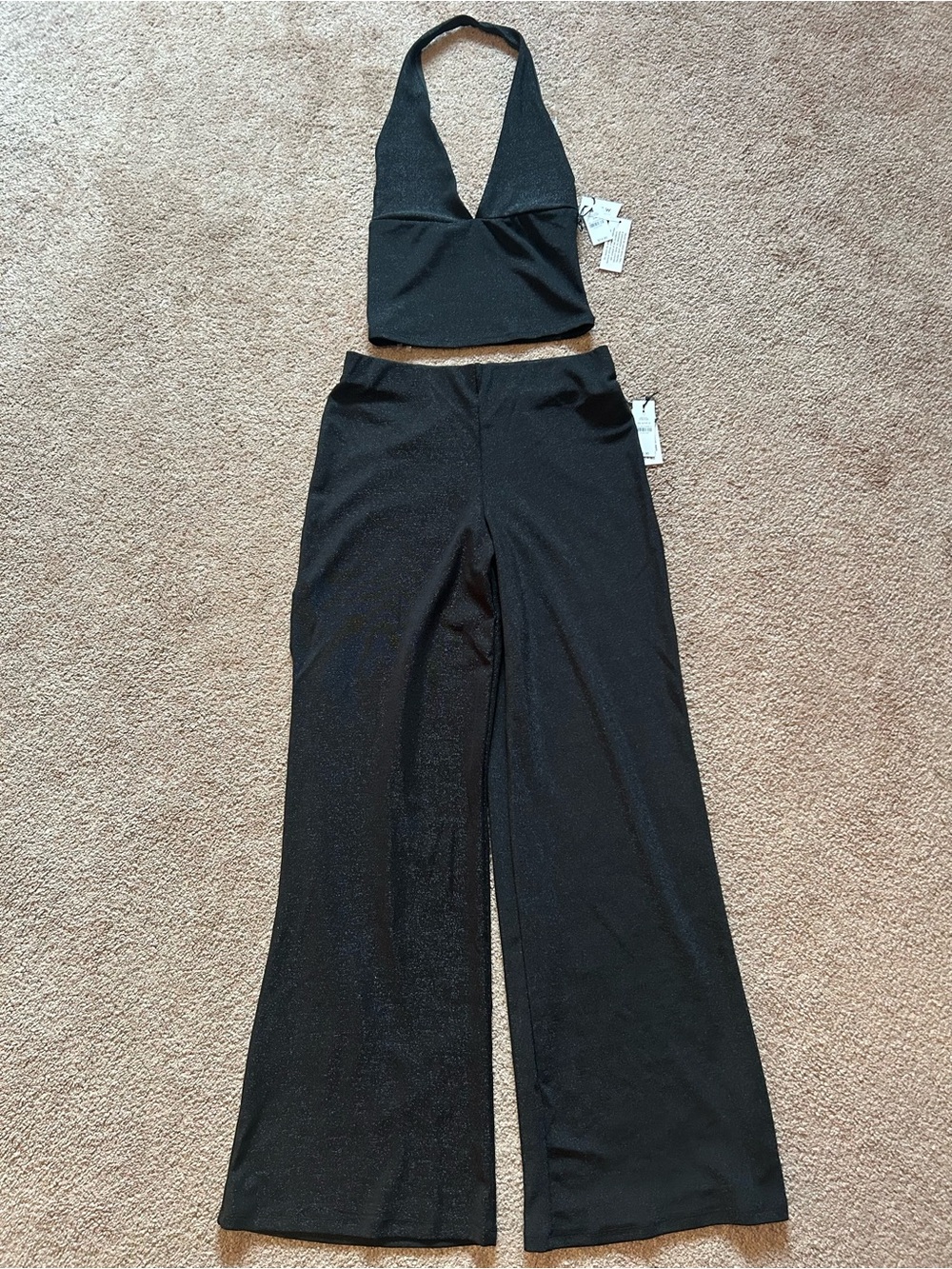 Ardene Black Halter Crop Top with Wide-Leg Pants Set